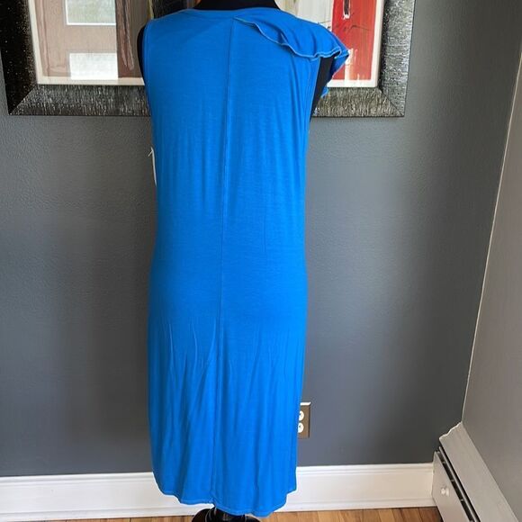 Three Dots royal blue wide side/shoulder ruffle stretch jersey sleeveless midi. - Picture 5 of 8
